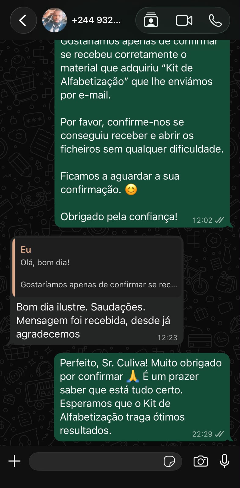 Prova social — depoimento de cliente no WhatsApp