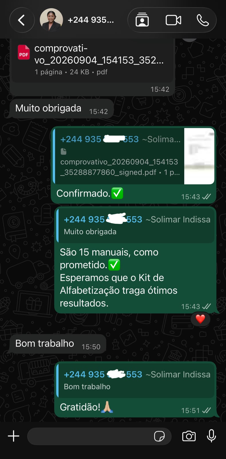 Prova social — depoimento de cliente no WhatsApp