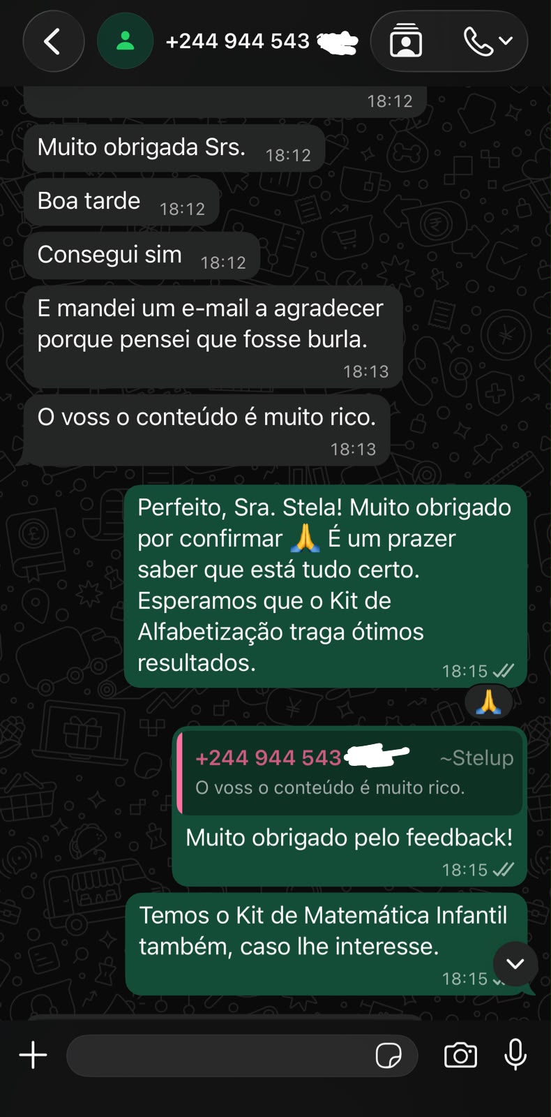Prova social — depoimento de cliente no WhatsApp