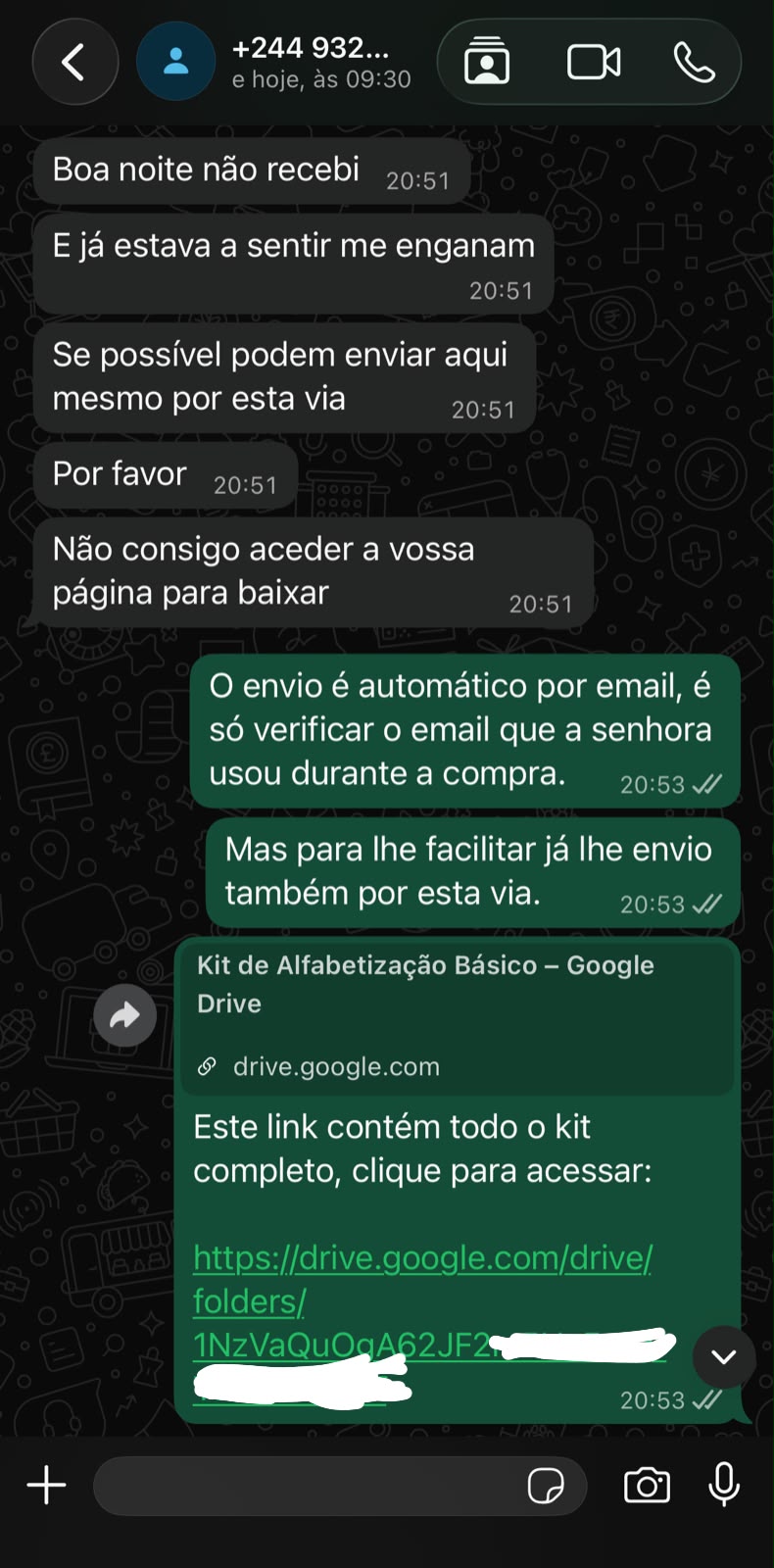 Depoimento de cliente no WhatsApp