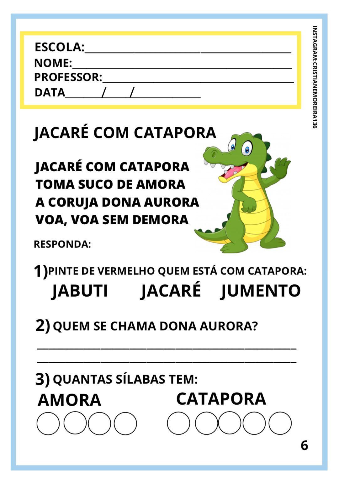 Exemplo de atividade de alfabetização para imprimir