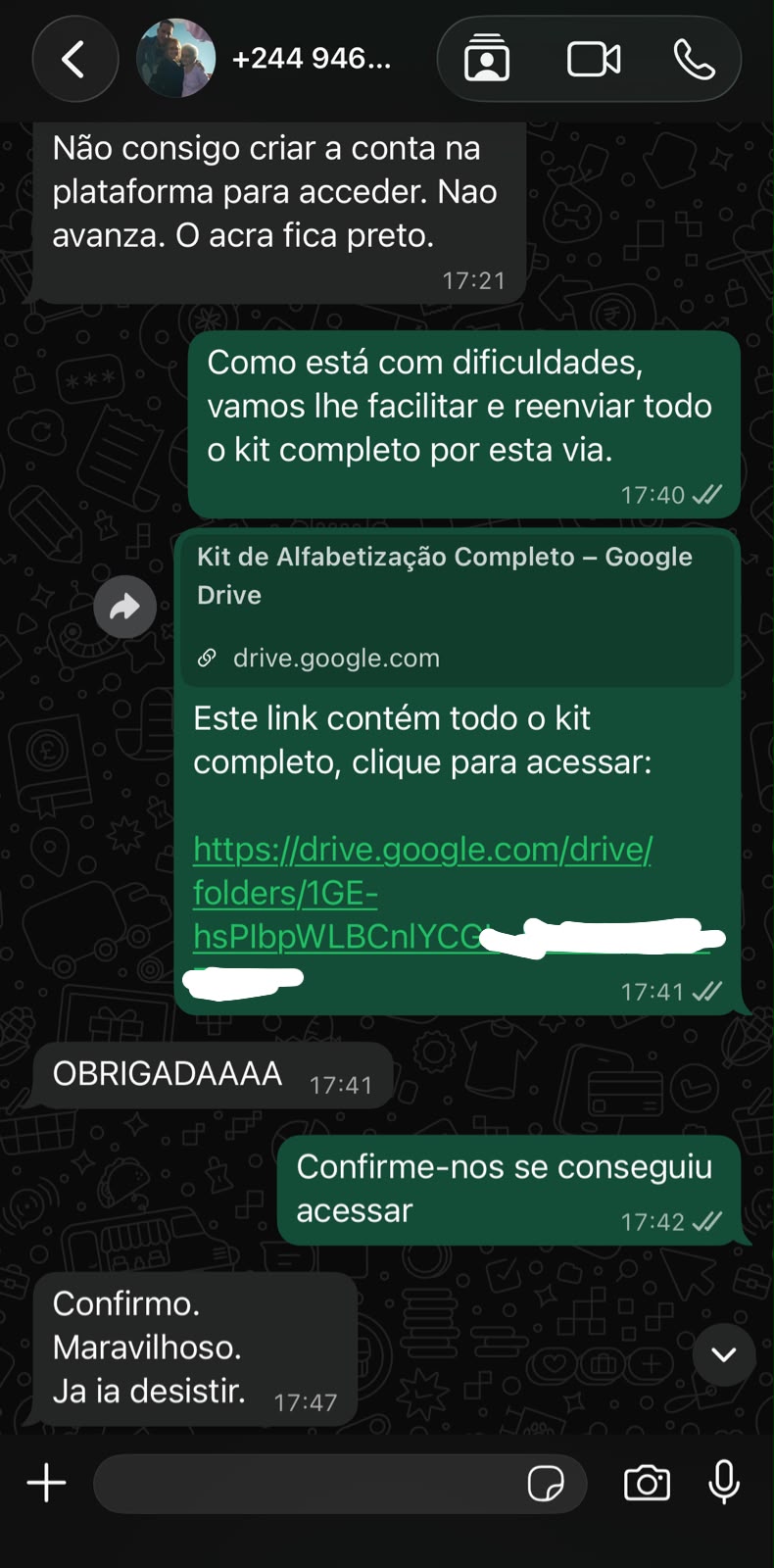 Prova social — depoimento de cliente no WhatsApp