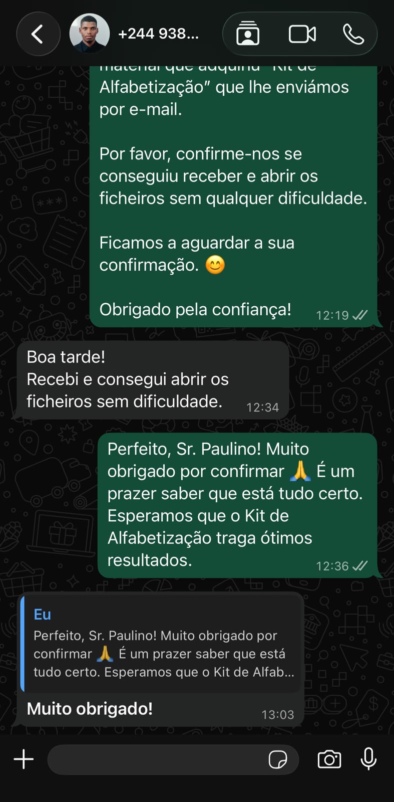 Prova social — depoimento de cliente no WhatsApp