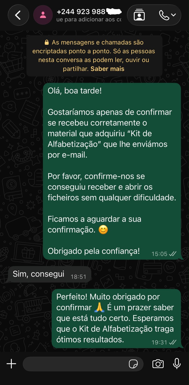 Prova social — depoimento de cliente no WhatsApp