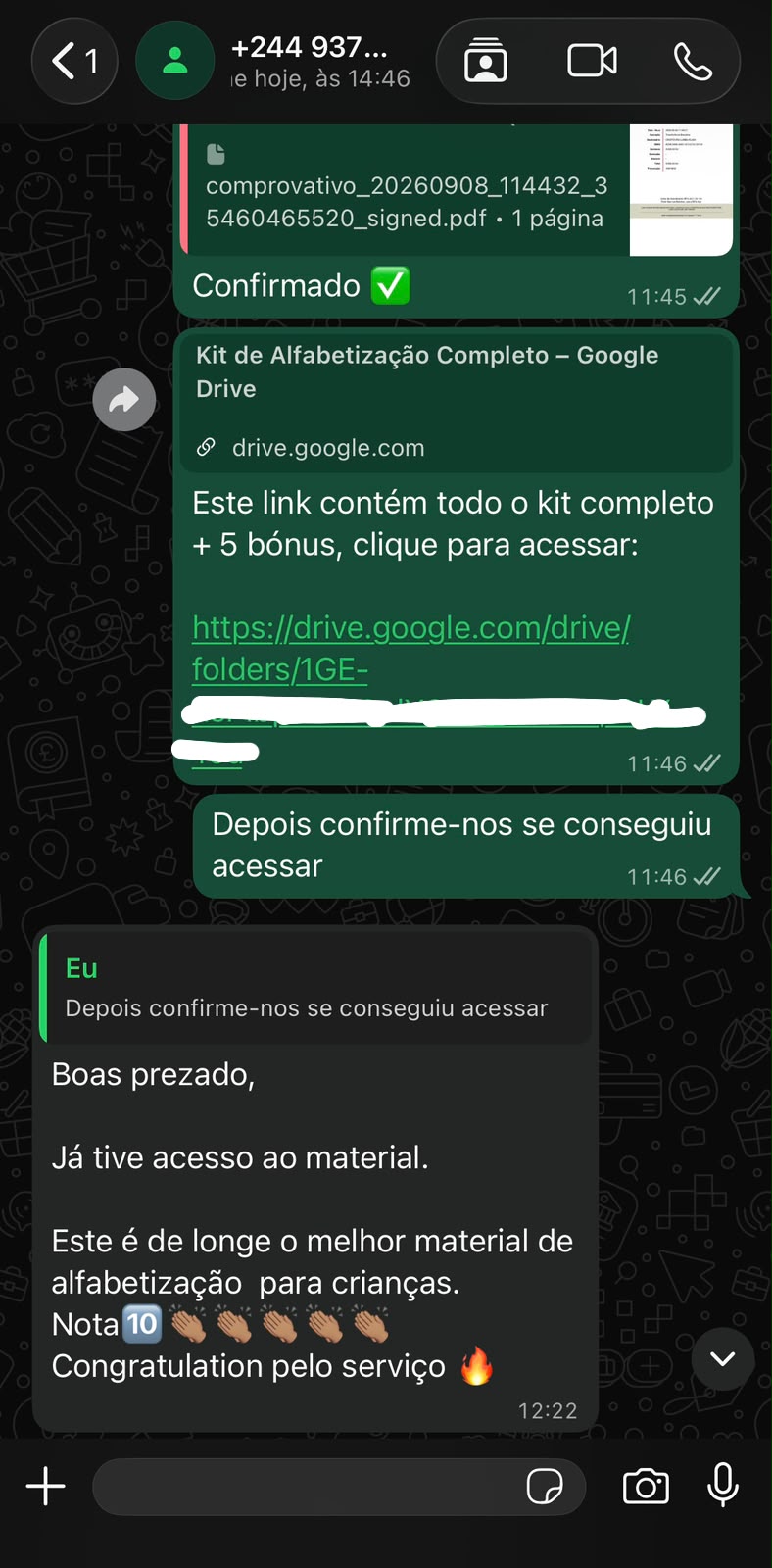 Prova social — depoimento de cliente no WhatsApp