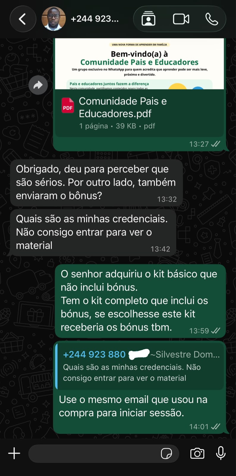 Prova social — depoimento de cliente no WhatsApp