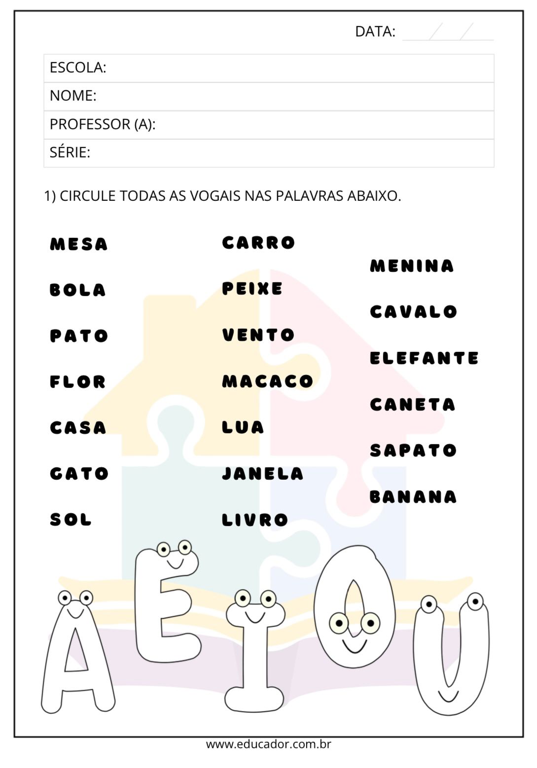 Exemplo de atividade de alfabetização para imprimir