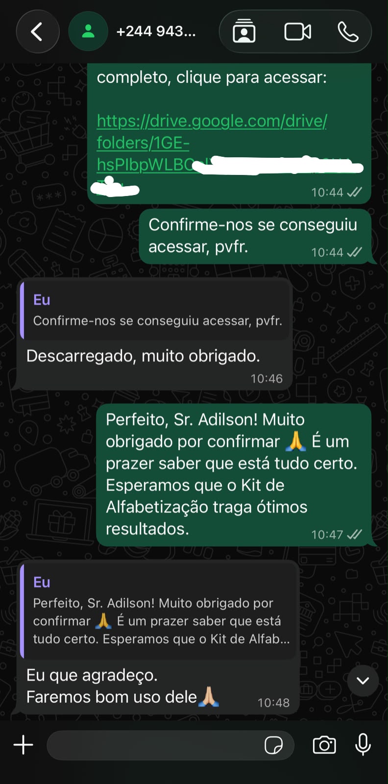 Prova social — depoimento de cliente no WhatsApp
