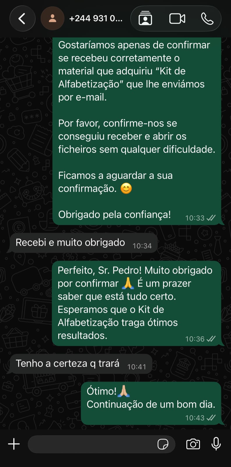 Prova social — depoimento de cliente no WhatsApp