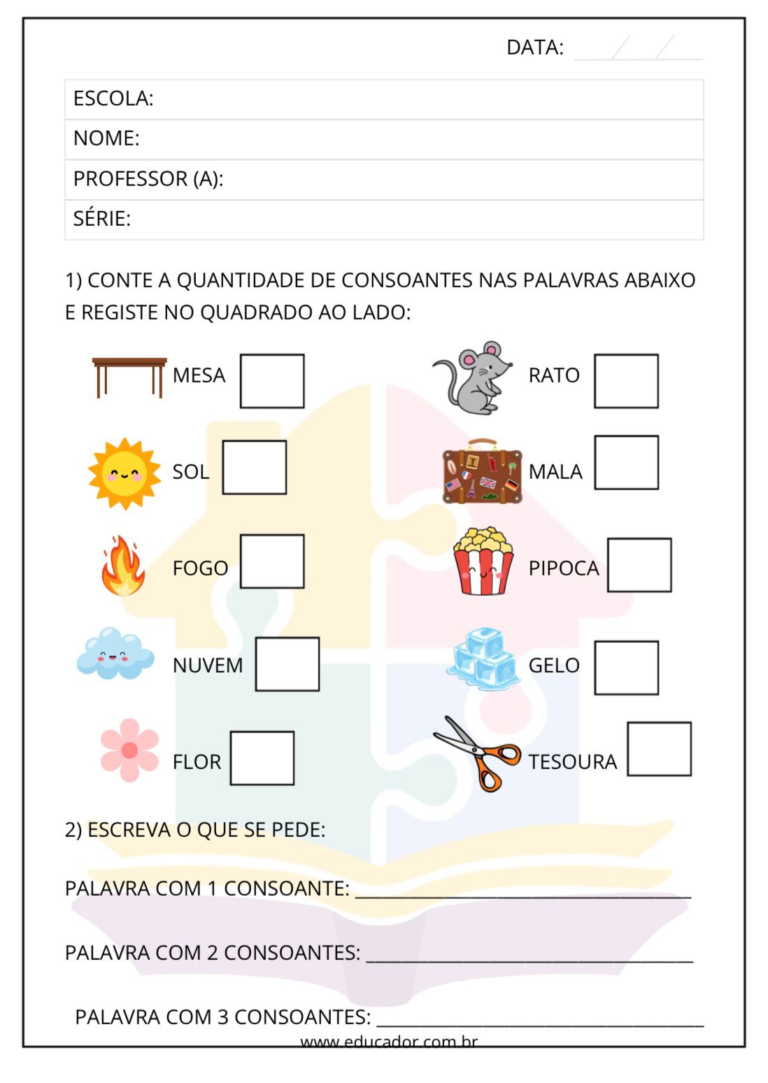 Exemplo de atividade de alfabetização para imprimir
